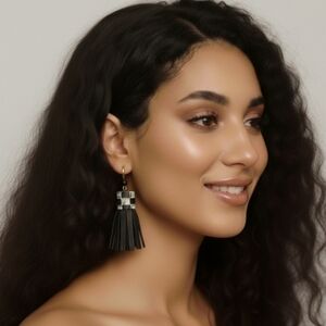 Leather and Copper Afro Boho Chic Black Tassel Earrings. 2.75"